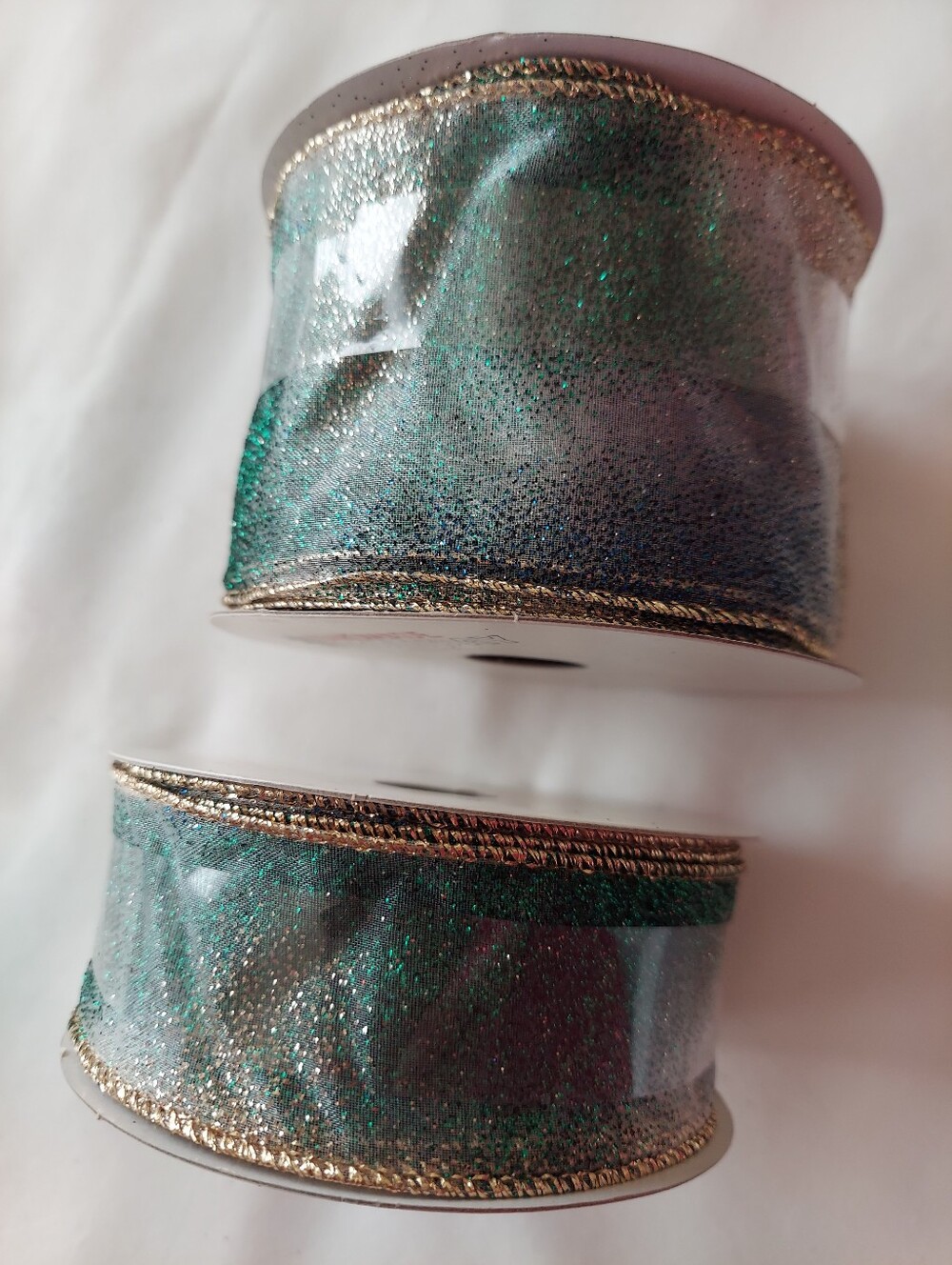 NWT - 2 Rolls Decorative Sheer Green/Blue/Gold Ribbon - Wired Edge--Read Details
